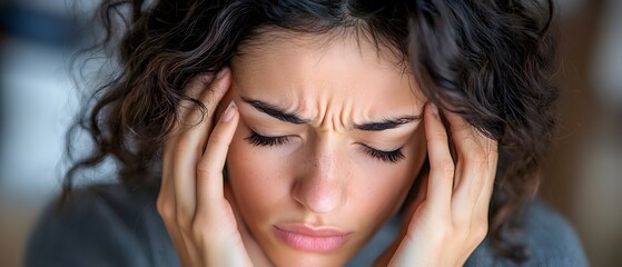 Obraz premium Close up Portrait of a Young Distressed Female Leaning Forward with Head in Hands Expressing Symptoms of Anxiety Headache and Mental Fatigue
