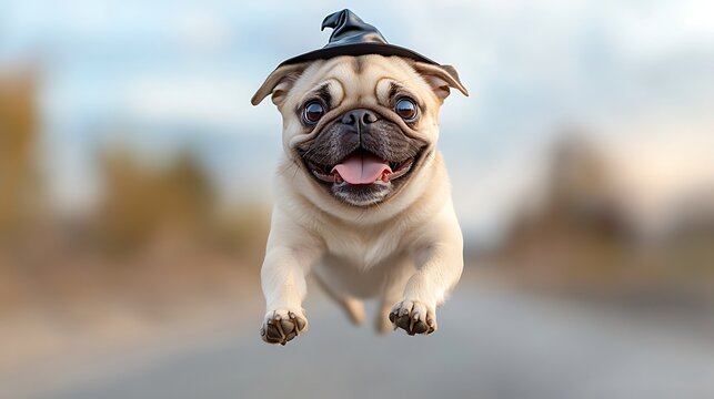 Joyful pug in a witch hat a playful moment captured in the air celebrating the fun and whimsy of pets and their unique personalities