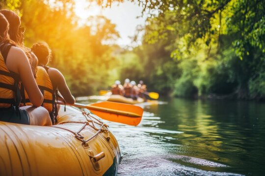 A river rafting tour with a group of friends enjoying a scenic rafting experience, surrounded by lush greenery and calm waters.