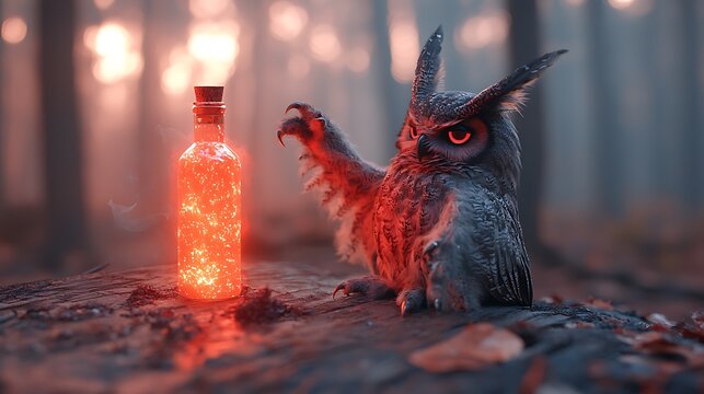 Enigmatic owl with a glowing elixir in a mystical forest setting at dusk