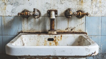 An old and soiled white sink with corroded metal pipes, captured in a worn, dilapidated condition with a dirty and rusted surface