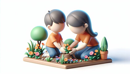 3D Parent Child Planting Flowers Garden Candid Shot Teamwork Care Joy Outdoor Activities Eco-Friendly Family Products Icon