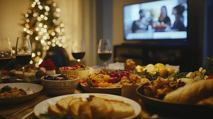 A Thanksgiving for families living abroad scene, showing a family in a cozy apartment overseas, celebrating with a mix of traditional and local dishes, and connecting with relatives via video call.