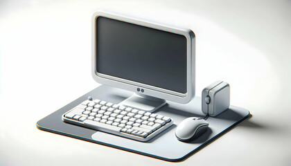 3D Glossy Keyboard and Mouse Set on Plain Desk Background | Stationary Camera View for Remote Work | Efficient Tools with Ample Copy Space | Modern Office Setup