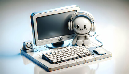 3D Glossy Desktop Monitor Keyboard Plain Background Ample Copy Space Remote Working Setup Stationary Camera Capture Professional Comfortable Environment Icon Isolated White Background