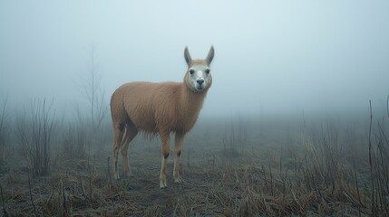 Fototapeta premium A solemn llama stands in a misty landscape evoking a sense of tranquility and mystery in nature's embrace