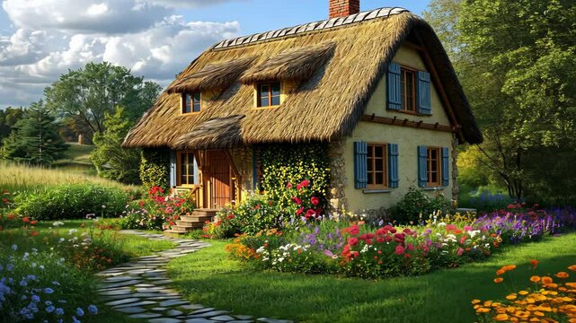 A charming cottage with a thatched roof sits amidst a vibrant flower garden on a sunny day