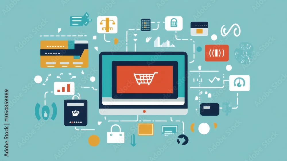 Poster online purchase process vector, illustrating the steps from adding to cart to making a digital payme