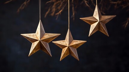 Obraz premium Elegant golden stars hanging on a dark background,banner