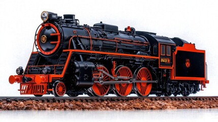 Obraz premium A photostock of an old-fashioned steam locomotive on a white background, detailed and vintage.