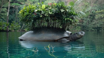 Fototapeta premium Top View of Turtle with Plant Nest on Shell