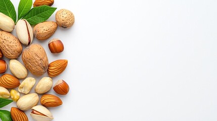 A photostock of assorted nuts on a white background, crunchy and healthy.