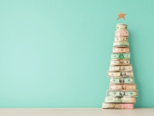 Minimalist Christmas Tree Made of Rolled Banknotes - Perfect for Holiday Seasons and Festive...