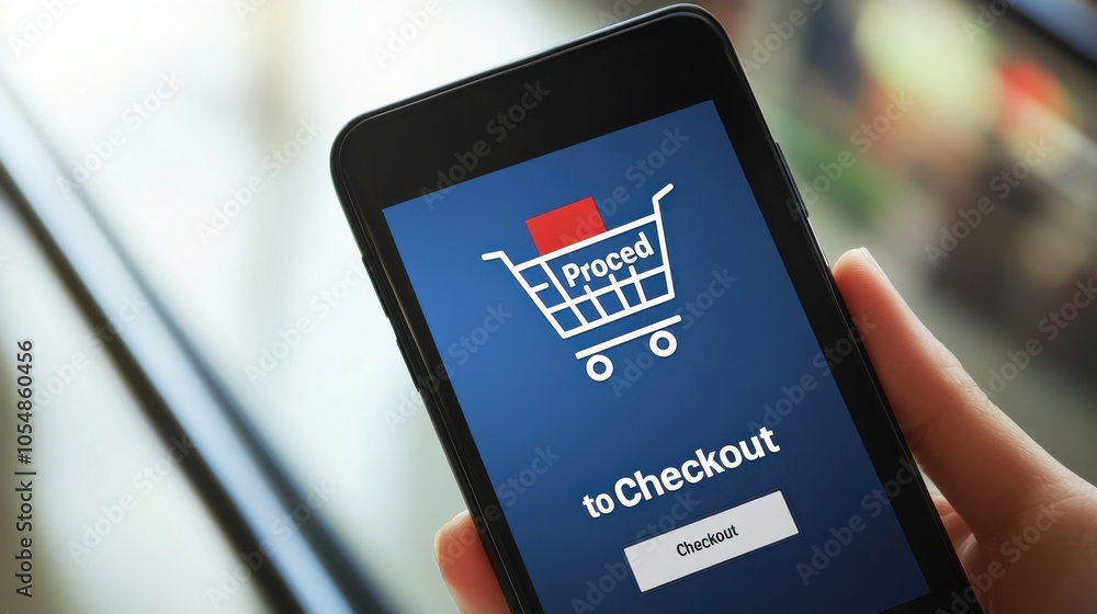 Aufkleber online shopping vector, with a smartphone displaying a shopping cart and a 