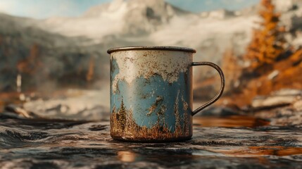 An enamel mug mockup with a rustic design, featuring a metal rim and set against a camping background, creating an outdoor and vintage vibe.