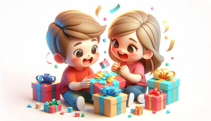 3D Soft Abstract Background Siblings Exchanging Surprise Gifts Joyful Expressions Colorful Wrapping Paper Family Events Holiday Promotions Icon Isolated White Background
