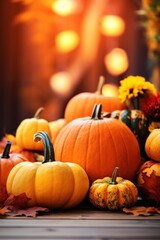 photograph of Autumn or Thanksgiving decoration background with pumkins and fall leaves. Copy space