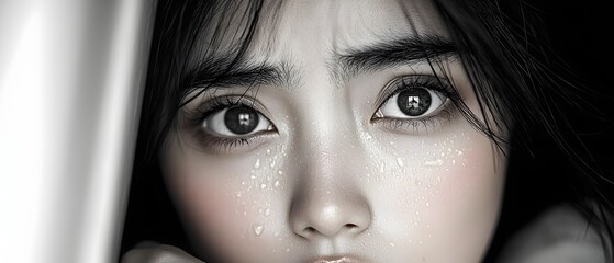 Powerful Portrait of an Asian Woman Reflecting on Heartbreak and Emotional Trauma Conveying Profound Sadness Grief and Inner Turmoil Through Her Tear Filled Eyes and Pensive Expression
