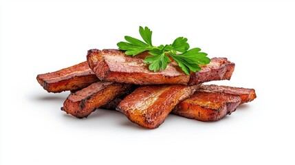 A photostock of crispy bacon strips on a white background, delicious and savory.