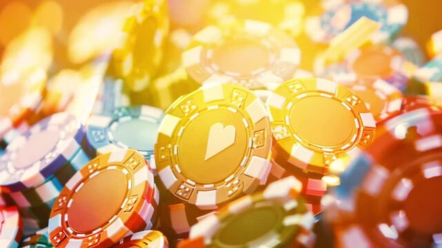 Assorted gambling chips,Colorful flowing poker chips, Various hues enhance the excitement and energy of casino gaming and gambling, Casino roulette table with chips and cards