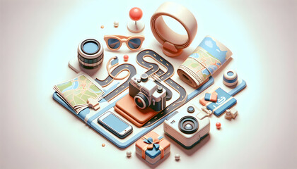 3D Soft Abstract Digital Art Road Trip Essentials Flat Lay Maps Cameras Sunglasses Artistic Arrangement Top Down View Adventure Preparation Icon Isolated White Background