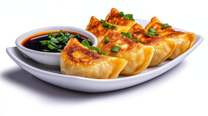 A photostock of dumplings arranged on a white plate on a white background, steamed and fresh.