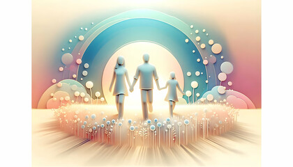 3D Soft Abstract Family Unity Image Walking Hand in Hand in Sunlit Pastel Field, Concept of Love Togetherness Dynamic Nature Outdoor Ads Icon Isolated