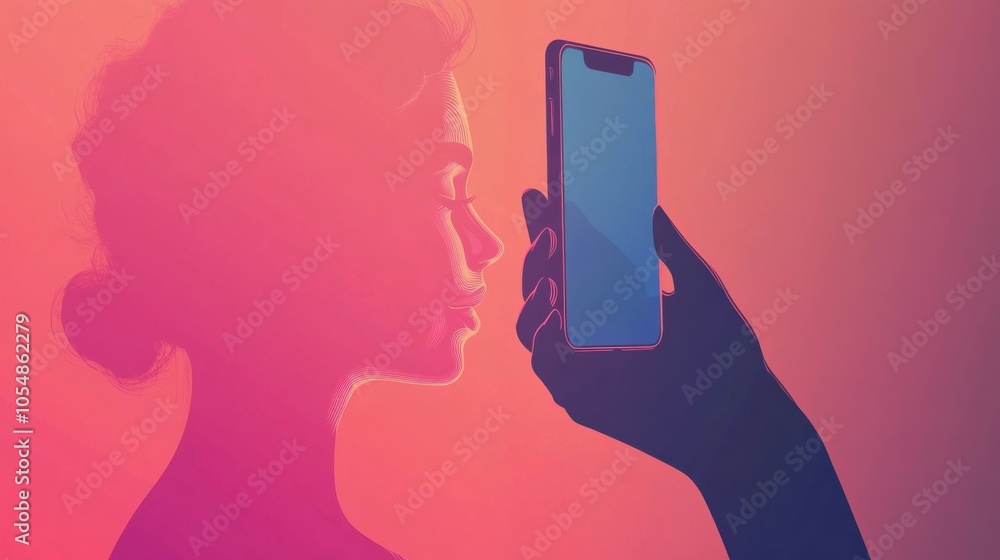 Poster phone authentication vector, with a person using face unlock, clean and bright vector design