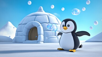 Playful Penguin Blowing Bubbles in Winter Wonderland