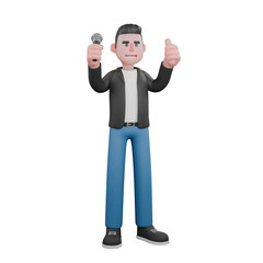 3D Musician Design. A musician gives a thumbs up after singing. Cartoon Character