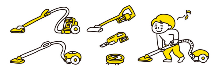 楽しみながら掃除機をかける女性と、色々な掃除機のタイプ（2色）