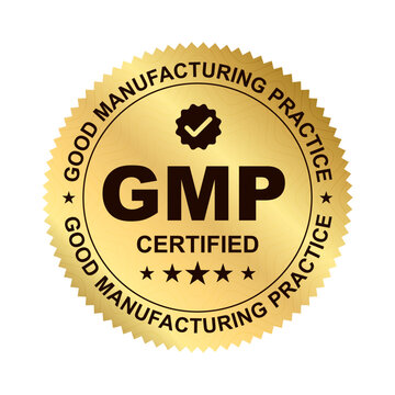 GMP Certified label ,Good Manufacturing Practice Gold Round Circle Serrated Edge shiny sticker Badge with tick icon, GMP Approved Label, Supplement, Quality Control,Medical And Health vector design