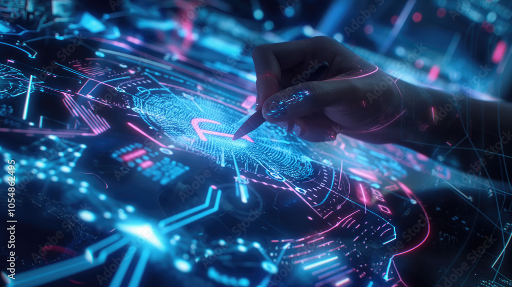 Poster human hand pointing at artificial intelligence symbols 3d digital screen surrounded by futuristic el
