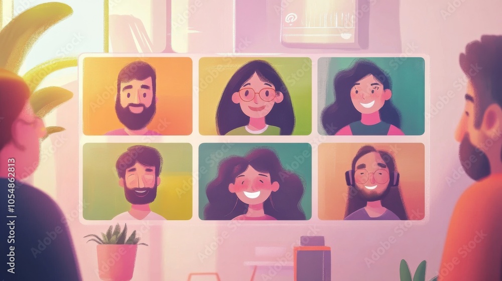 Poster remote meeting flat graphics, showing a group video call with different characters in separate chat 