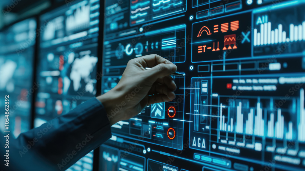 Poster human hand pointing at artificial intelligence symbols 3d digital screen surrounded by futuristic el
