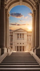 Fototapeta premium Grand courthouse steps leading up toward a bright horizon, symbolizing the journey towards justice and enlightenment.