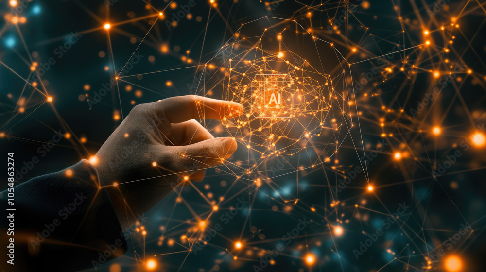 Poster human hand pointing at artificial intelligence symbols 3d digital screen surrounded by futuristic el