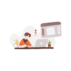 Graphic designer working on digital illustrations with a laptop, drawing tablet, and wooden artists model. Ideal for technology or creativity concepts.