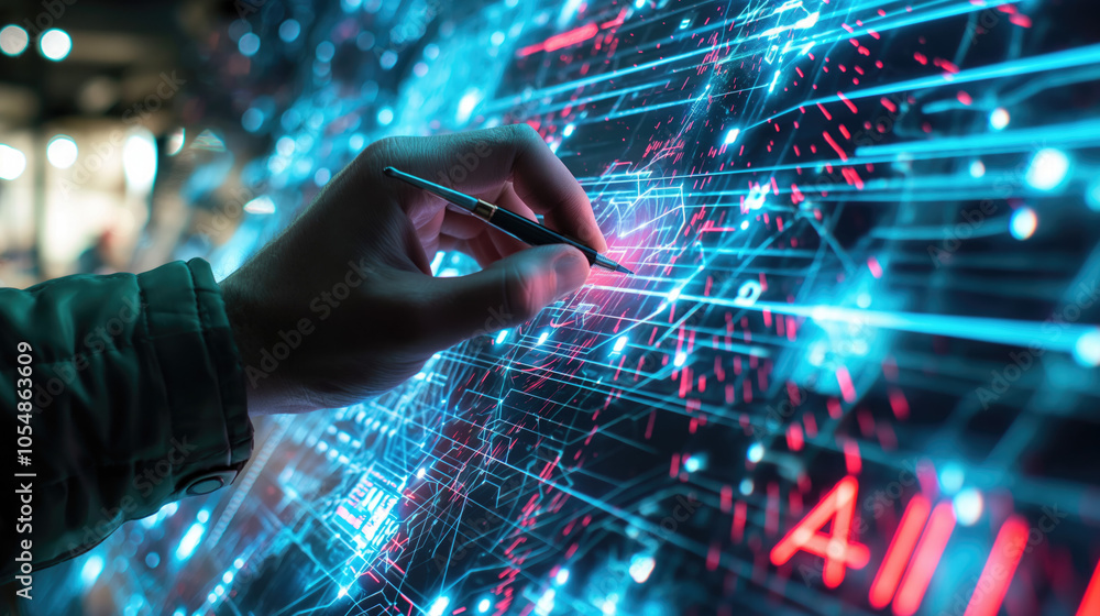 Poster human hand pointing at artificial intelligence symbols 3d digital screen surrounded by futuristic el