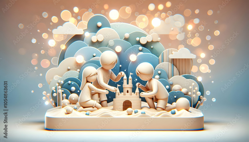 Poster 3d soft digital art family building sandcastle bokeh effects abstract backgrounds playful scene came