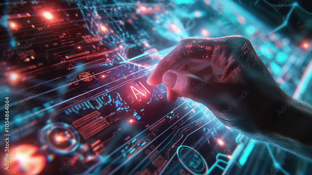 Poster human hand pointing at artificial intelligence symbols 3d digital screen surrounded by futuristic el