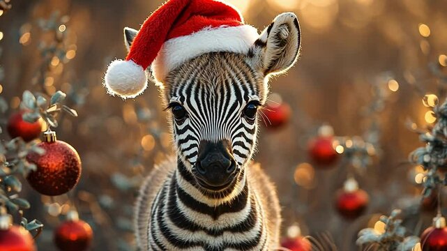 A festive zebra wearing a Santa hat among Christmas ornaments in a warm, golden glow
