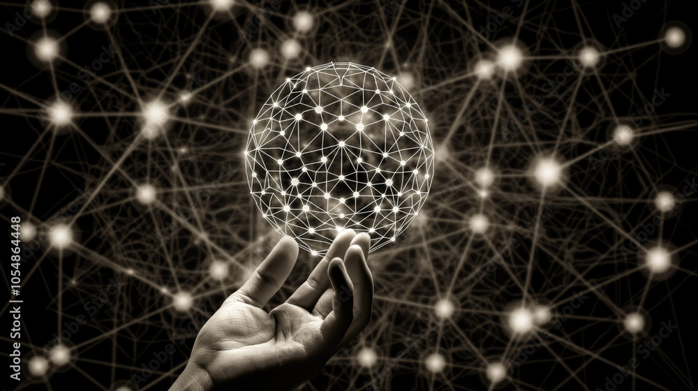 Poster human hand pointing at artificial intelligence symbols 3d digital screen surrounded by futuristic el