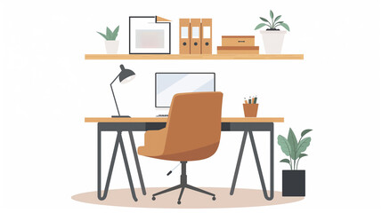 Fototapeta premium Minimalist home office desk setup with shelves, decor, and indoor plants