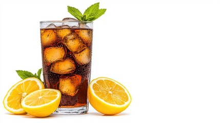 A photostock of iced cola with lemon on a white background, fizzy and cold.