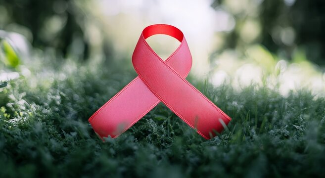 Pink ribbon symbol on grass. Breast cancer awareness ribbon. Healthcare medical support. Generative AI technology.	
