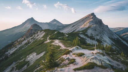 Mountain Path at Dawn Leading to Rocky Peaks