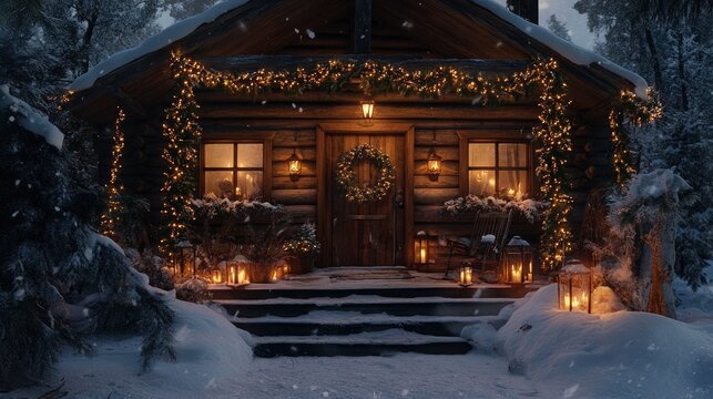 A snow-covered log cabin with a decorated porch, featuring pine garlands and lanterns that cast a warm glow.