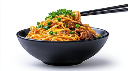 A photostock of a bowl of ramen on a white background, topped with egg and green onions.