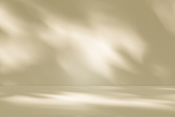Wall interior background, studio and backdrops show products. with leaf shadow from window color beige and white. background for text insertion and presentation of product	